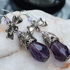 Vintage Silver Earrings Dangling Sparkling Teardrop Silver Bow Purple Crystals